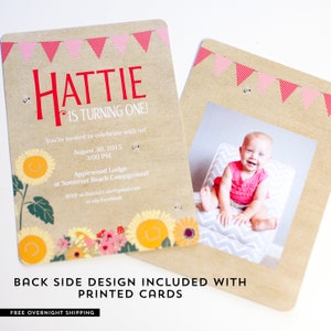 May include: Two custom birthday party invitations. The main invitation features the text "HATTIE IS TURNING ONE!" in red and white, with floral and sunflower accents. The second card has a photo of a baby. The cards have a banner design.