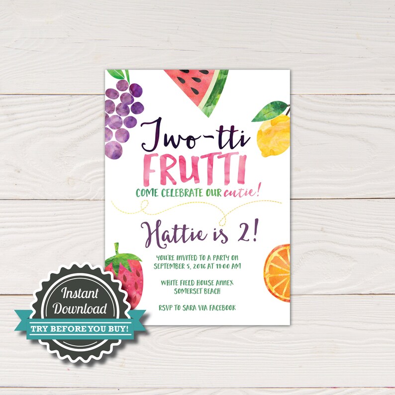 May include: A white invitation card featuring watercolour fruit illustrations: grapes, watermelon, lemon, orange, and strawberry. The text says "Two-tti Frutti" and "Hattie is 2!" with party details, perfect for a birthday.