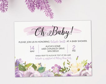Custom Purple Floral Baby Shower Invitation - Lavender 'Oh Baby!' Invite - Printable & Printed - Elegant Girly Decor Theme
