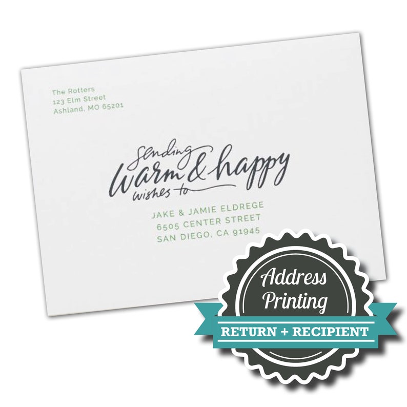 Address printing on envelopes Custom mailing addresses and/or return address on press printed cards return address printing image 1