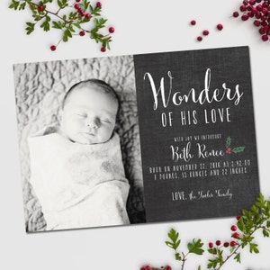 Christmas birth announcement, Wonders of His Love, chalkboard style Christmas card and baby announcement, Christmas Baby Announcement