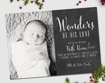 Christmas birth announcement, Wonders of His Love, chalkboard style Christmas card and baby announcement, Christmas Baby Announcement