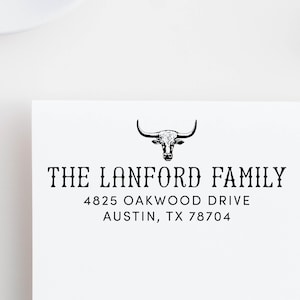 Address Stamp Western Cow Skull Custom Return Address, Family Ranch Self Inking Stamp, Texas Longhorn Cowboy Cattle Logo Housewarming Gift