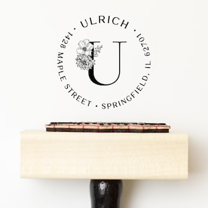 Modern Floral Monogram Stamp, Botanical Letter Initial Stamp, Self-Inking or Wood Block Stamp, Custom Housewarming Gift