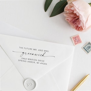 Personalizowany stempel ślubny, nowoczesny stempel z adresem zwrotnym, spersonalizowany stempel dla przyszłych panów i panien młodych do zaproszeń ślubnych i zaproszeń Save the Date