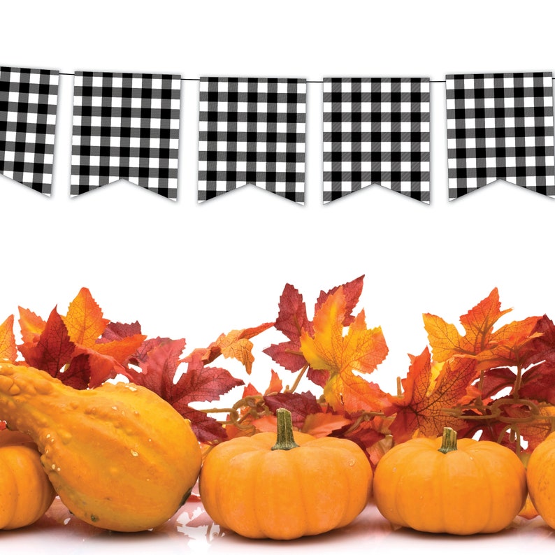Peut inclure: Une banni&egrave;re de fanions &agrave; carreaux noirs et blancs avec une rang&eacute;e de feuilles d'automne orange et rouges et des courges en bas de l'image.