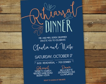 Casual rehearsal dinner invitation, hand drawn, wedding rehearsal invitation, dinner invitation, custom colors, wedding dinner invitation