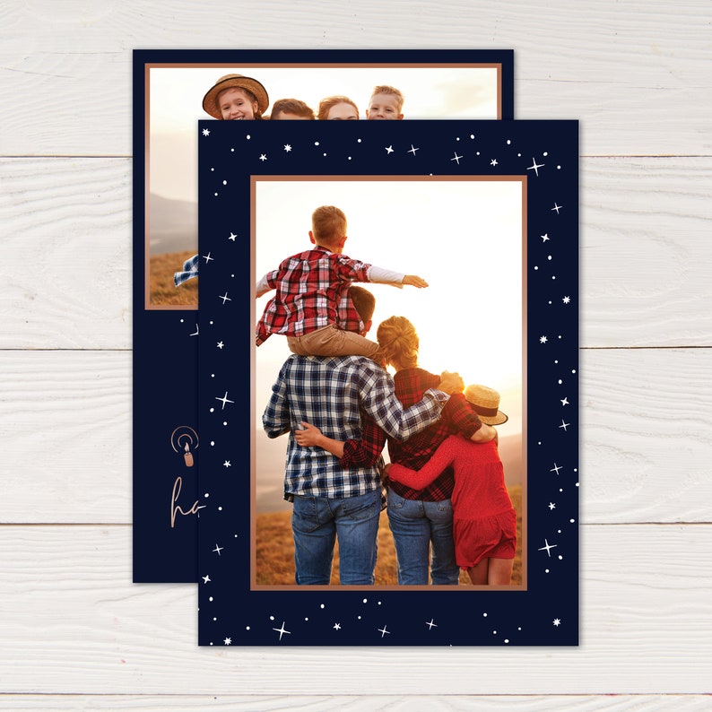 May include: Two navy blue photo cards with a family photo. The cards have a copper-colored border and a navy blue border with white star accents. The family photo shows a group of people embracing, with a child on a person's shoulders.