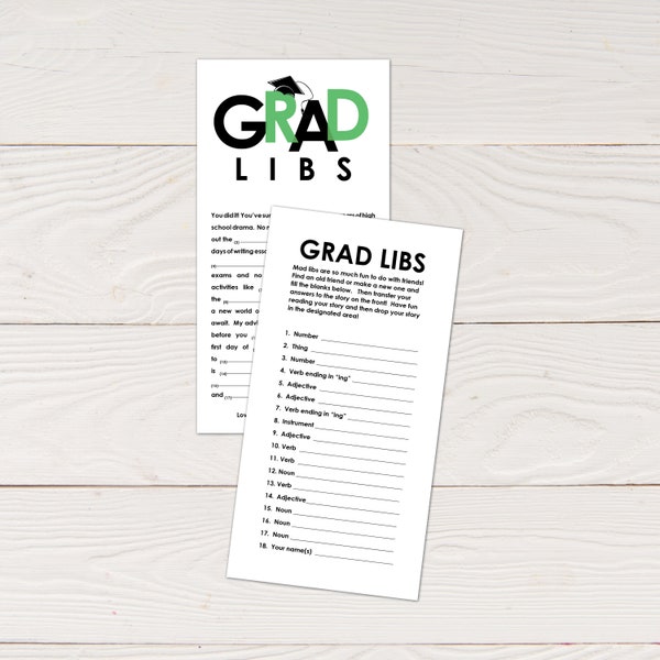 Grad Libs - Graduation mad lib advice cards in green and black, printable instant download, editable pdf