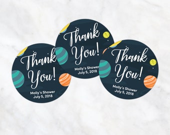 Planets baby shower thank you tags, DIY printable favor tags for outer space shower with editable fields, instant download