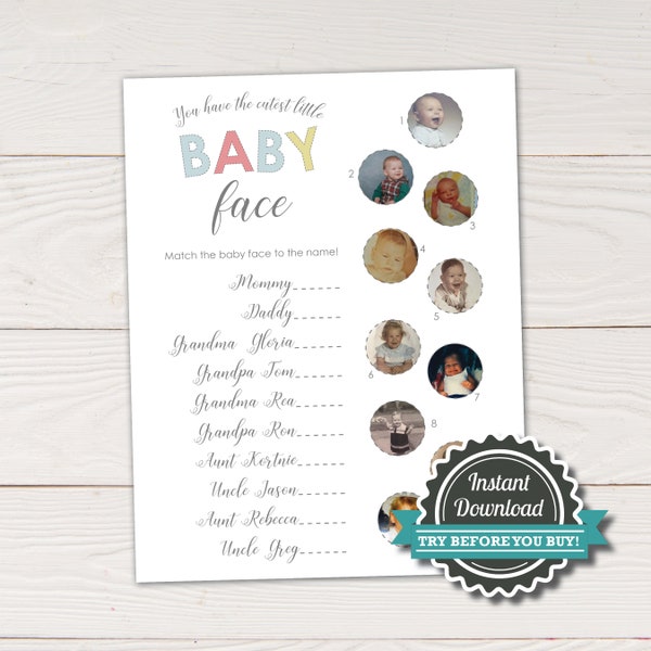 Baby Face Baby Shower Game - Family Baby Photos Guessing Game - Printable File - DIY Instant download - edit with Corjl