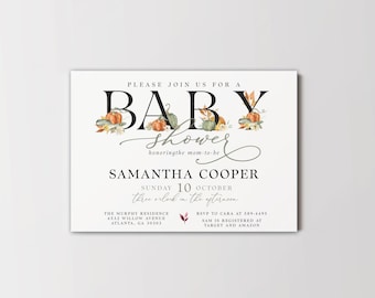 Fall Baby Shower Invitation - Autumn Baby Shower Invite with Florals and Fall Leaves