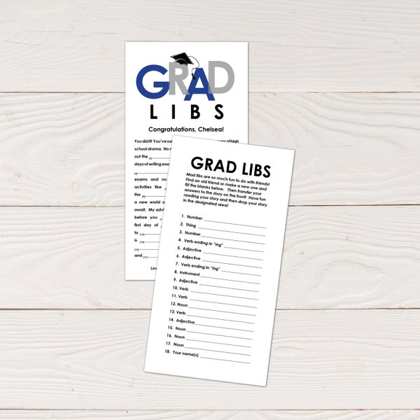 Grad Libs - Graduation mad lib advice cards in navy blue and silver, graduation party activity, printable instant download, editable pdf