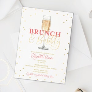 Brunch and Bubbly Bridal Shower Invitation - Champagne Bridal Brunch Invitation - Blush Pink Floral, Pink Gold Bridal Shower