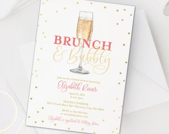 Brunch and Bubbly Bridal Shower Invitation - Champagne Bridal Brunch Invitation - Blush Pink Floral, Pink Gold Bridal Shower