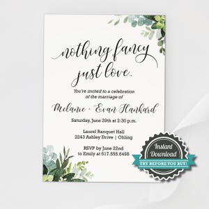 Simple wedding receiption invitation, nothing fancy just love, wedding invitation, nothing fancy just love invitations, DIY download w corjl