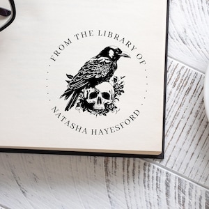 Raven & Skull Library Stamp: Vintage-Inspired Bookplate Imprint - Gothic - Macabre Book Stamp - Horror Fiction