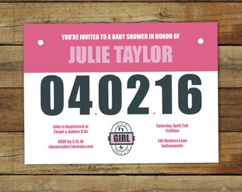 Runner's bib baby shower invitation - marathon baby shower invitation - baby girlprintable or printed