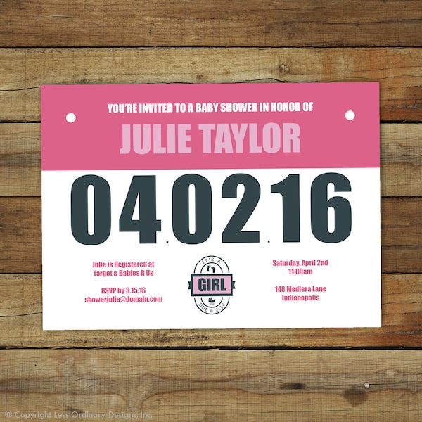 Runner's bib baby shower invitation - marathon baby shower invitation - baby girlprintable or printed