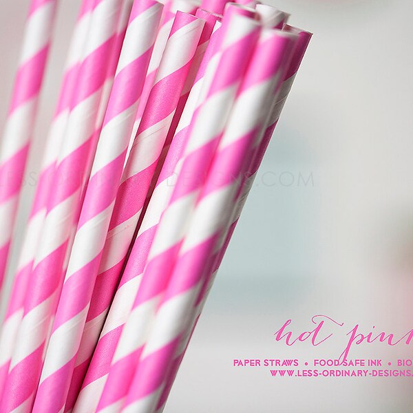 25 pailles papier rose chaud, rayé bubble-gum rose paillettes pour les fêtes et événements, gratuitement drapeaux imprimable