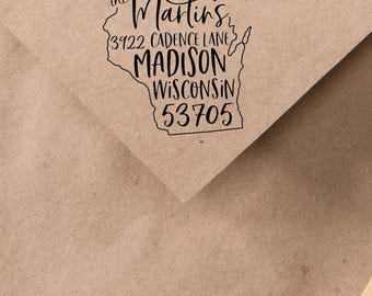 Wisconsin address Stamp - Self Inking Return Address Stamp - Personalized Stamp for a Housewarming gift for a move to Wisconsin- state stamp