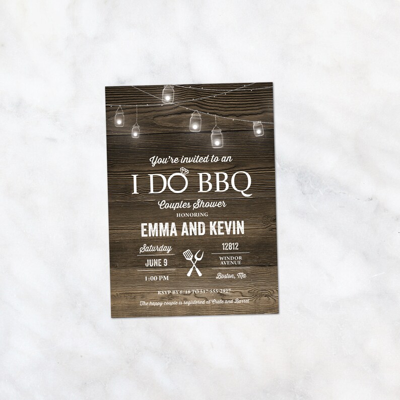 I Do BBQ Bridal Shower Invitation Couples I Do BBQ Invite with mason jars BBQ invitation with Barnwood Rustic Lights Shower Invite image 2