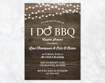 I Do BBQ Bridal Shower Invitation - Couples Shower Invite - Barnwood Rustic Lights Wedding SHower Invite