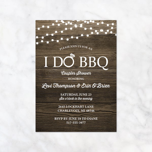 I Do BBQ Bridal Shower Invitation - Couples Shower Invite - Barnwood Rustic Lights Wedding SHower Invite
