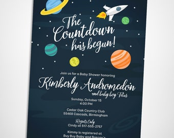 Outer Space Baby Shower Invitation, Starry Skies Planets and Rocket Ship Baby Shower Invite, Printable Space Themed Shower