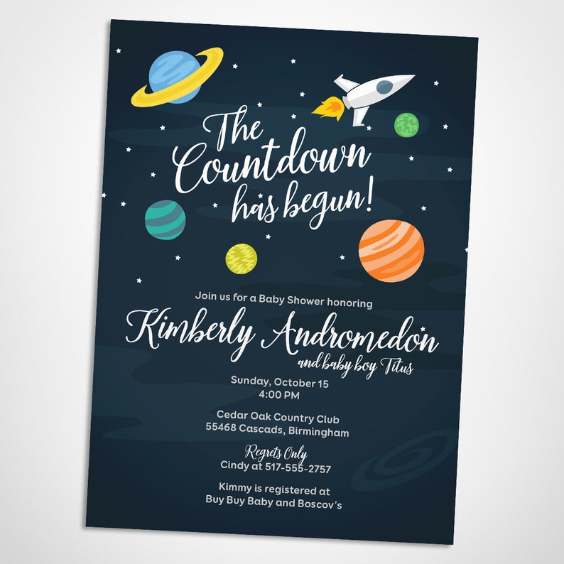 Outer space baby shower invitation, starry skies, planets and rocket ship image 1