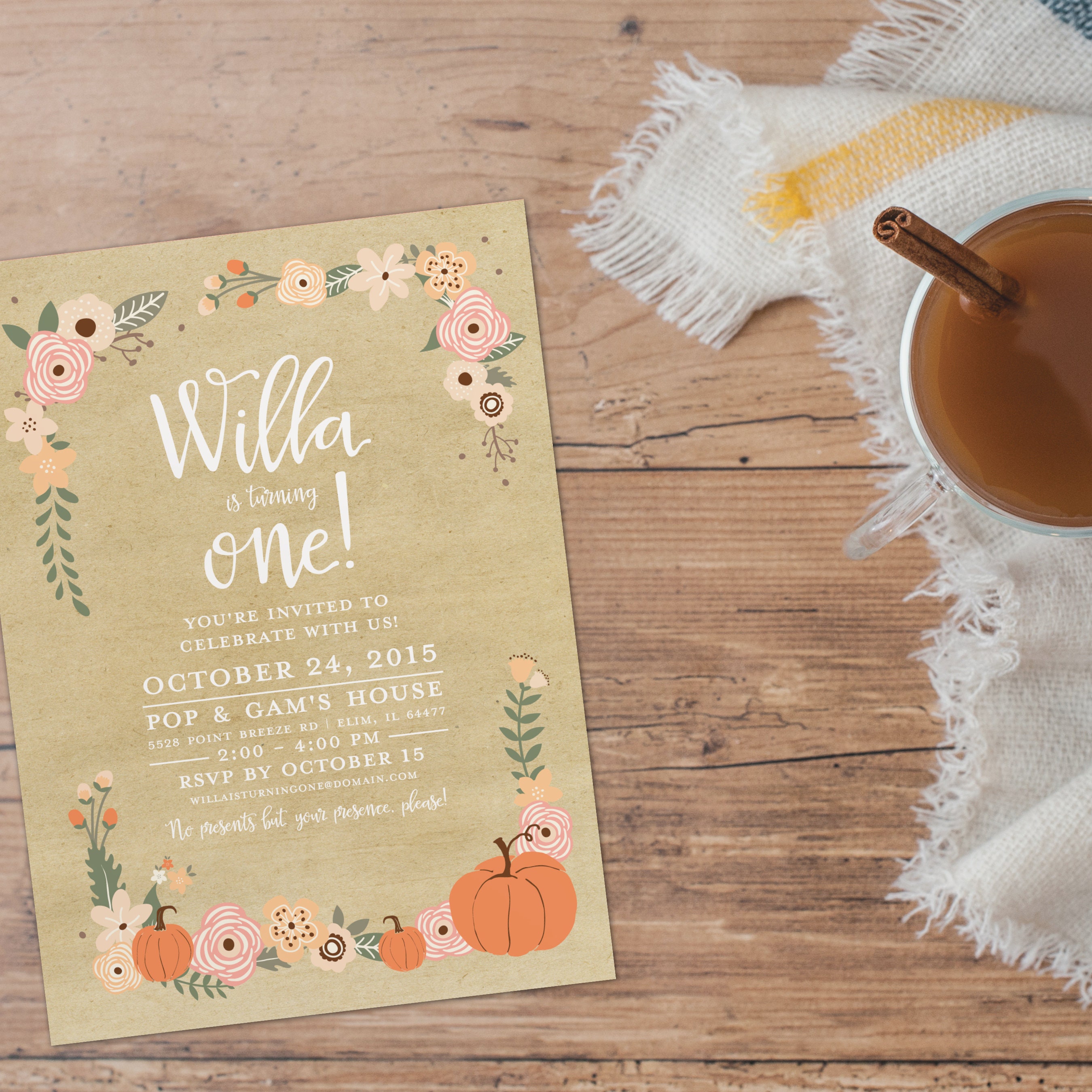 October Birthday Party Invitation, Pumpkin Birthday, Peach and Coral ...