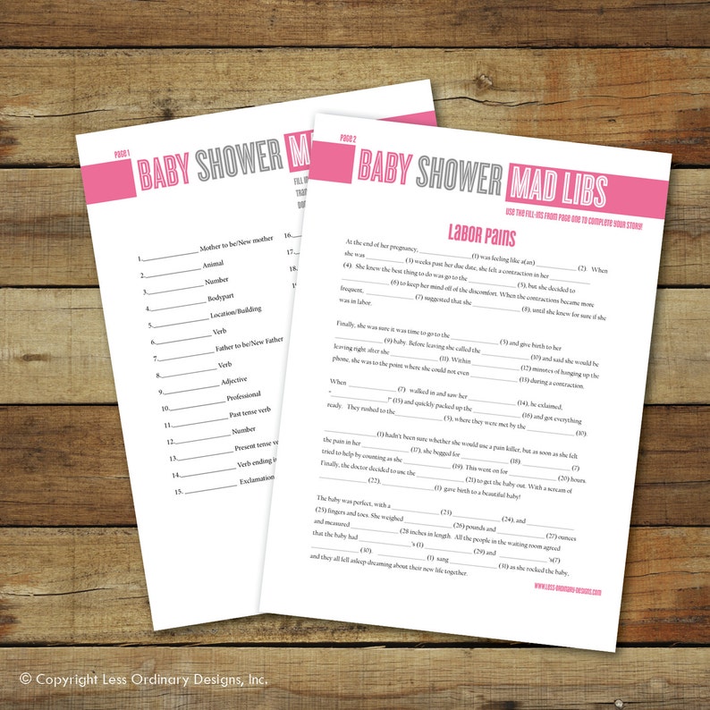 Baby shower Mad Libs, printable baby shower game, instant download, Mad Libs in pink and gray image 2