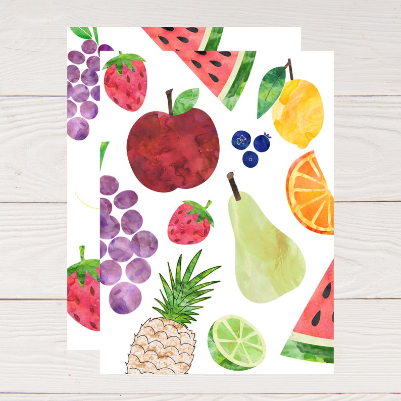May include: A watercolour illustration featuring an assortment of fruits: grapes, strawberries, an apple, blueberries, a lemon, an orange slice, a pear, a lime, a pineapple, and watermelon slices. The fruits are set against a white backdrop.