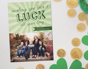 Modern St. Patrick's Day photo card - Lots o' luck all year long - Printable photo card or printed cards