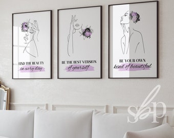 Beauty room decor, beauty room prints, beauty salon wall art, women beauty quotes, affirmation quotes, salon wall art, set of 3 prints