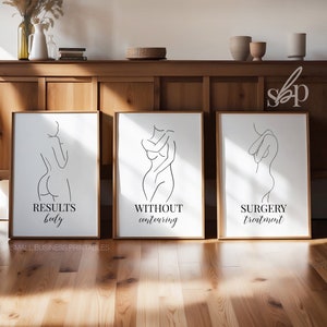 Peut inclure: Trois impressions minimalistes d'art en ligne avec des figures féminines. La première impression dit "RESULTS body". La deuxième impression dit "WITHOUT contouring". La troisième impression dit "SURGERY treatment".