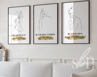 Set of 3 Hair Salon Decor, beauty room prints, beauty salon wall art, women beauty quotes, affirmations quotes, black and gold salon decor