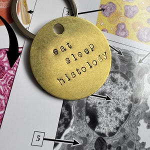 Histology Keychain &quot;Eat Sleep Histology&quot;, Gift for Histology Co-Worker, Unique Histology Gift, Brass 18g 1.5 inch Hammered Keychain