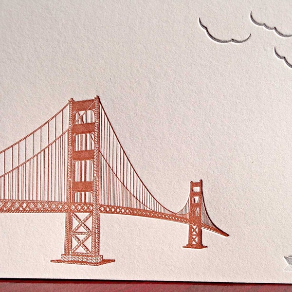 Golden Gate Bridge letterpress folded note card, with boat and clouds