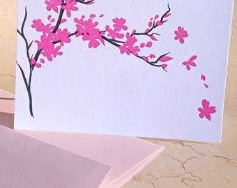 Letterpress cherry blossom note cards, set of four