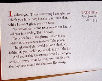 Take Joy, Letterpress Christmas cards, Fra Giovanni, 1513, set of 4