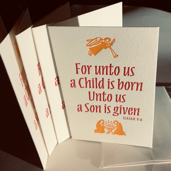Letterpress Christmas Card, "Unto Us a Child is Born", Set of Four, with Silhouettes of Nativity and Angel