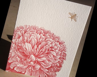 Dahlia and bee letterpress folded note card