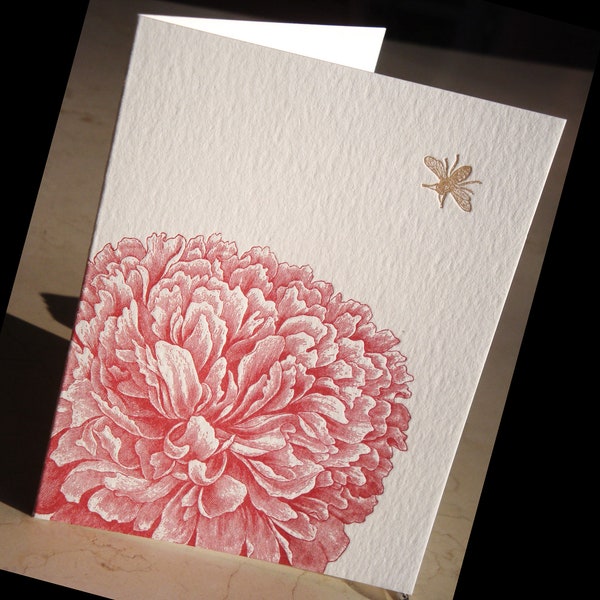 Dahlia and bee letterpress folded note card