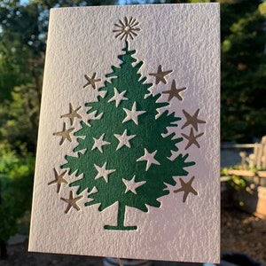 Tarjetas tipográficas con diseño de árbol de Navidad estrellado, juego de 4