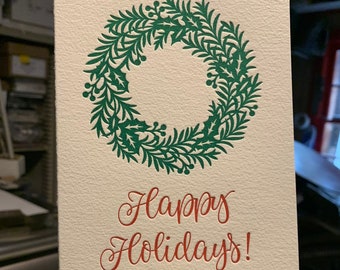 Festive Wreath Letterpress Cards, "Happy Holidays", Set of 4