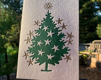 Starry Christmas Tree Letterpress cards, set of 4