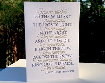 New Year's Letterpress Greeting Cards, set of 4, "Ring Out, Wild Bells" Poem by Tennyson