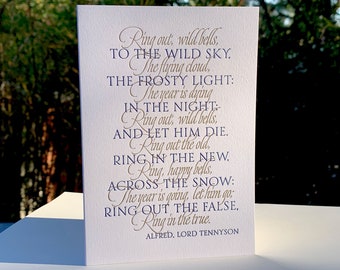 Cartões de felicitações de Ano Novo em tipografia, conjunto de 4, "Ring Out, Wild Bells" Poema de Tennyson