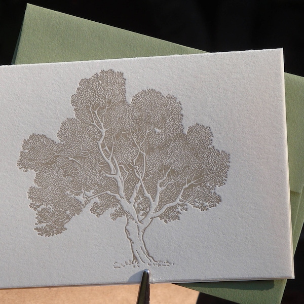 Leafy tree letterpress folded notecards, set of 4